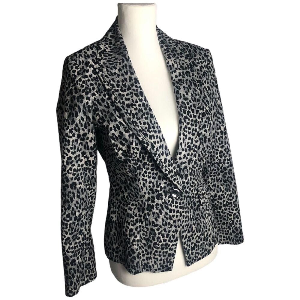 White House‎ Black Market Black Gray Tailored Leopard Print Blazer Jacket Size 4
